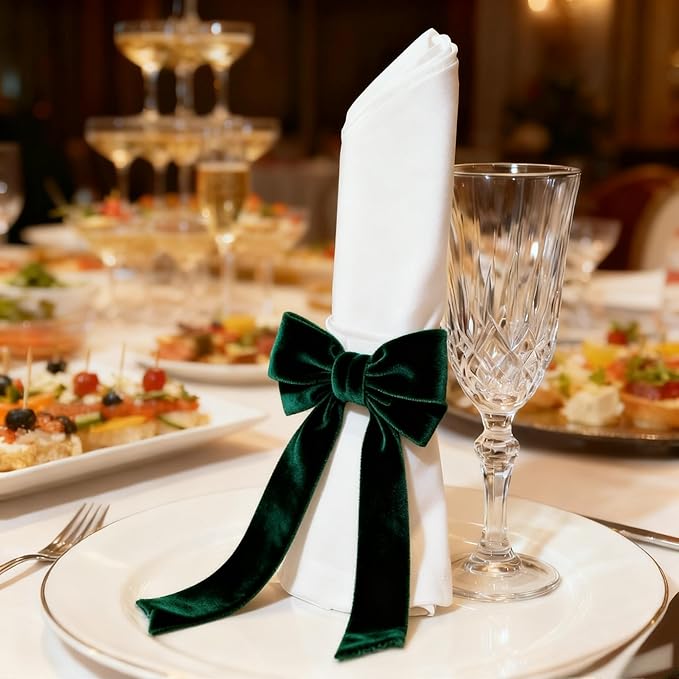 Bow Napkin Rings for Christmas, Wedding, Party, Holiday Table Decor (Dark Green, 6 pcs)
