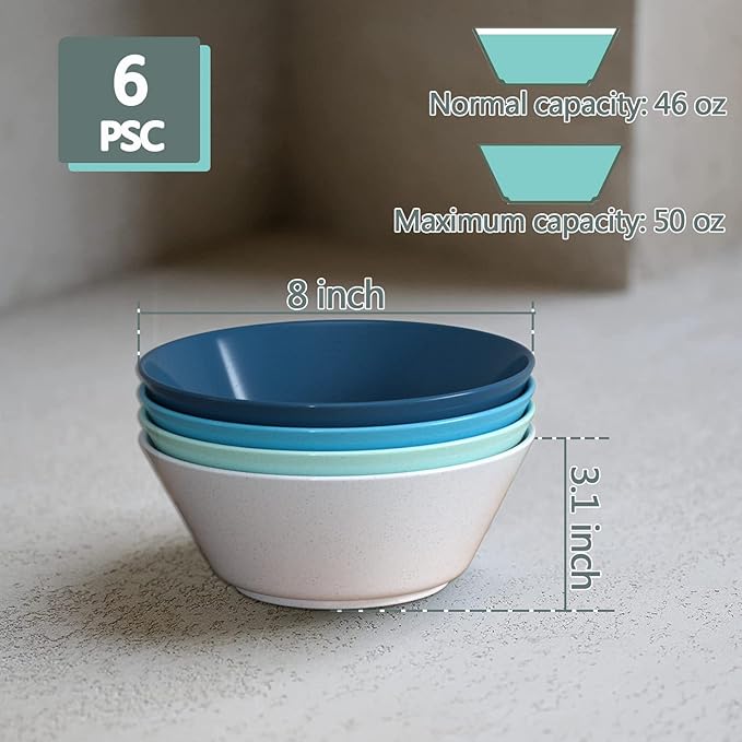 Homestockplus 50 Oz Wheat Straw Bowls Set of 6 - Unbreakable, Stackable & Microwave Safe, Multicolor Large Cereal Bowls for Oatmeal, Soup, Ramen, Salad, Popcorn, etc. Safe for Kids & Family