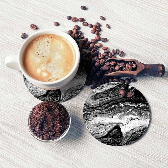Marble Acrylic Texture Coasters for Drinks Nature Black Marbling Artwork for Tabletop Protection Coffee Table Living Room Kitchen Office Home Decor 2 Pcs,4 Inch