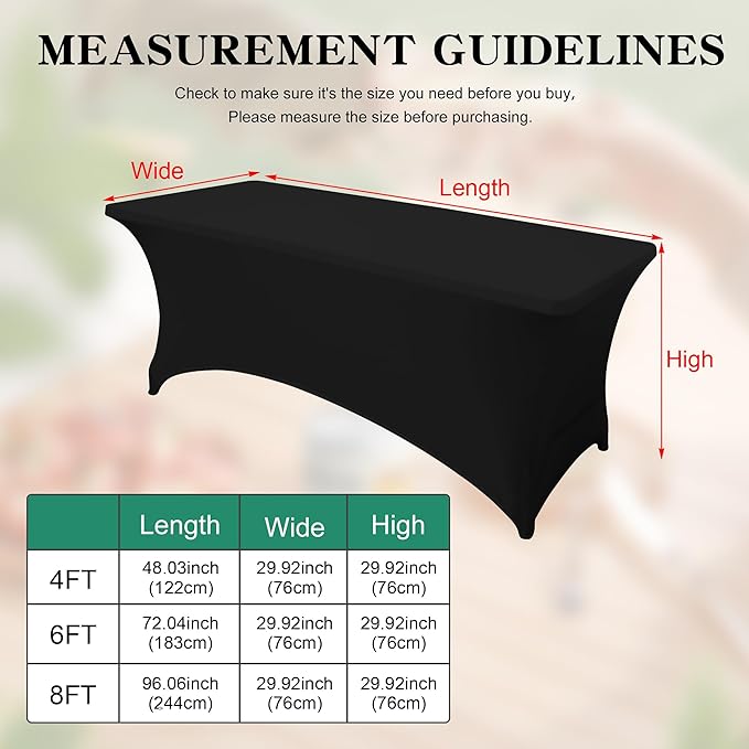 4FT Table Cloth for Rectangular Fitted Events Stretch Black Table Covers Washable Spandex Tablecloth Protector for Party, Wedding, Cocktail, Banquet, Festival
