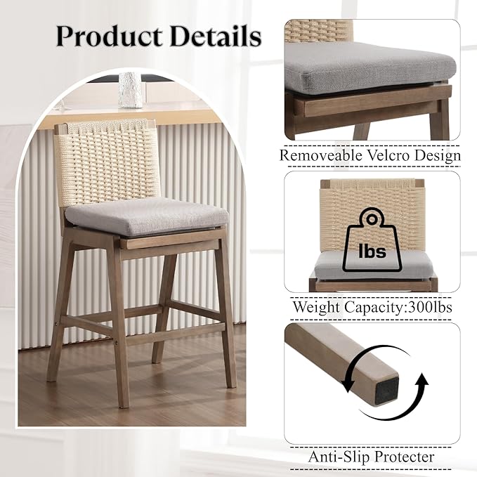 Mid Century Modern Counter Height Barstools Set of 2, 27” Linen Upholstered Counter Stools with Rope Woven Back Wooden Farmhouse Bar Stools for Kitchen Island Dining Room,Grey