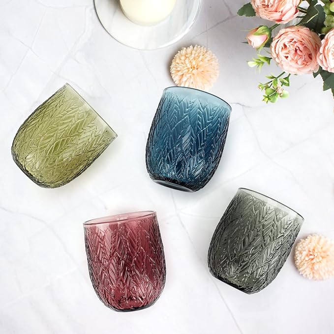 Topsky Vintage Drinking Glass Set of 4,12 oz Embossed Willow Leaf Drinkware Set,Colorful Drinking Glasses Cups Wine Glasses Colored Glassware for Whisky,Beer,Juice,Cocktail,Heavy Duty