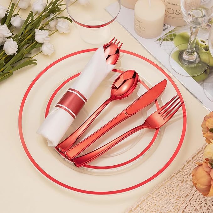 BESTSTAR 350PCS Clear and Red Disposable Plates Set for 50 Guests, 100 Plastic Plates, 50 Plastic Cups, 50 Pre-Rolled Napkins with Cutlery for Party, Christmas, Thanksgiving, Birthday, Halloween