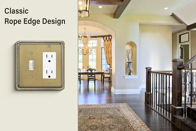 Henne Bery Rope Edge Decorative Wall Plate Switch Plate Outlet Cover (Toggle/Decorator, Antique Brass)