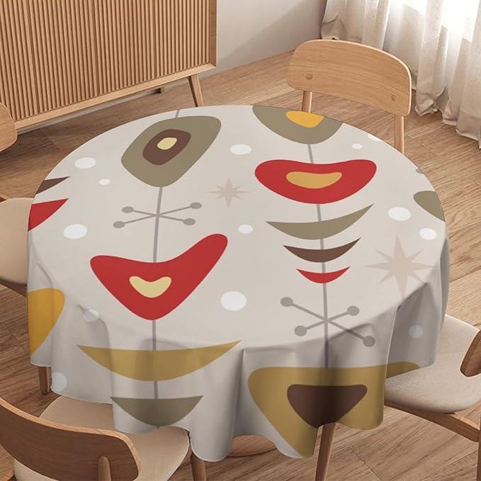 Retro Mid Century Round Tablecloth, Abstract Rustic Colorful Geometric Print Tablecloth for Home Party Dining Room Kitchen Decor 50Inch(127cm)