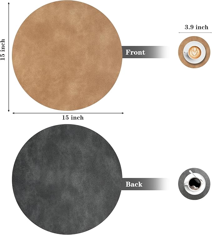 Round Placemats and Coasters Set of 4, Washable Reversible Faux Leather Placemats Cowhide Pattern Place Mats Wipeable Non-Slip 15 inch Round Kitchen Dining Table Mats (Gray Tan, 4)