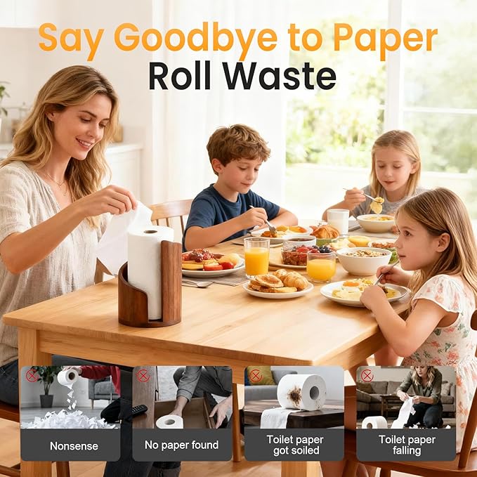Mountain Paper Towel Holder Countertop, 2026 Upgrade 100% Natural Mango Wood Round Base and Iron Holder, Wooden Paper Towel Holder for Kitchen Roll Organize Dining Table Home Decor (White)