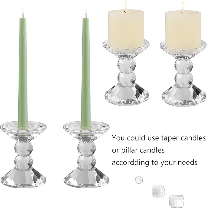 2-Pack Crystal Candle Holders, Clear Crystal Taper or Pillar Candlesticks, Table Centerpiece Home Decor for Wedding, Dining, Party(4.9in Tall)