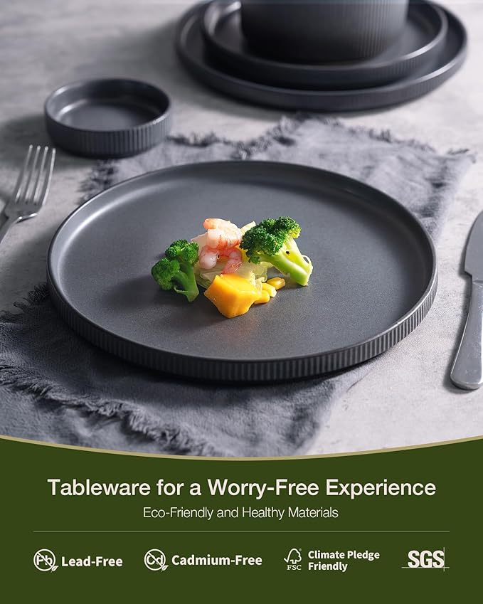 famiware Star Dinnerware Sets, Plates and Bowls Set for 4, 12 Pieces Ribbed Dishes - Chip and Scratch Resistant, Microwave and Dishwasher Safe Tableware, Matte Dark Charcoal