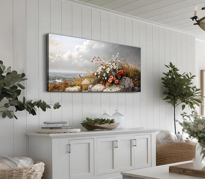 ADJUVANT Wall Art Vintage Coastal Floral Scene 60"L x 30"W, Seaside Wildflowers By The Ocean Canvas Painting Nature Artwork Coastal Blooms Prints Botanic Decor for Living Room Bedroom Bathroom Home Office