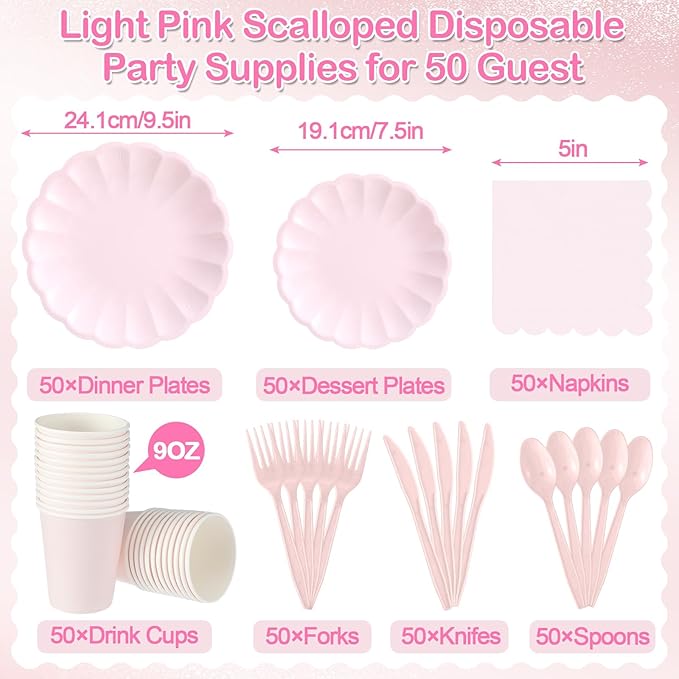 Light Pink Scalloped Paper Plates Shell Edge Disposable Tableware Cocktail Napkins Cups Plastic Spoons Forks Knives for Wedding Baby Shower Picnic Birthday Party Supply for 50 Guests