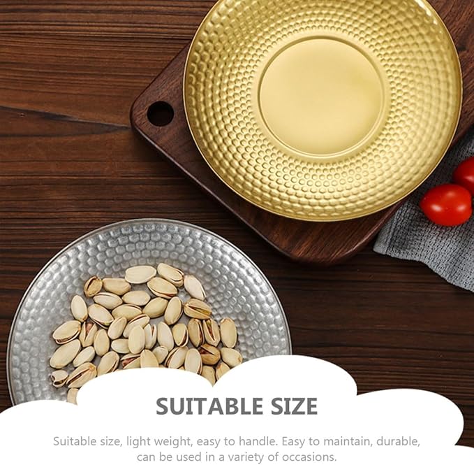 BESPORTBLE Creative Hammer Textured Stainless Steel Fruit Serving Tray Round Dinner Plate for Outdoor Camping and Indoor Use, Vintage Gold Diamond Pattern