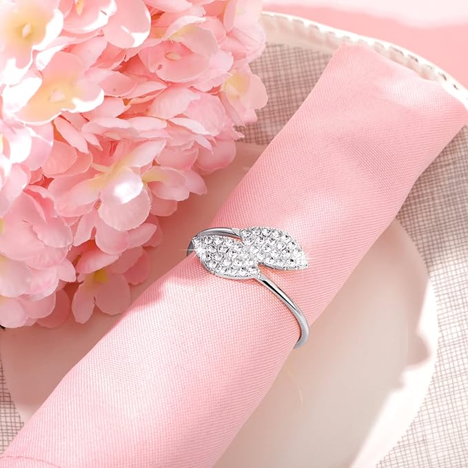 Hotop 100 Pcs Silver Holiday Napkin Rings Set Silver Bling Winter Napkin Rings Bulk Metal Leaves Holders Rhinestone Buckle for Wedding Christmas Dinner Gather Party Prom Table Decoration