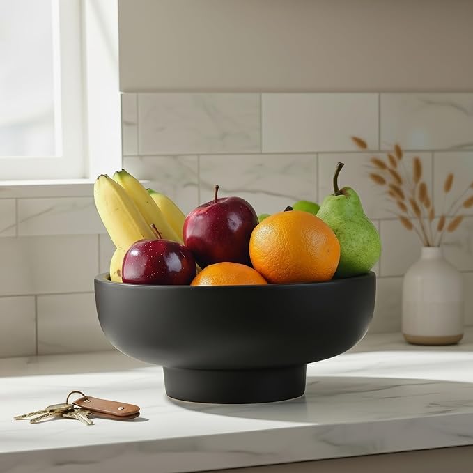Handmade Concrete Bowl - 10x5x4.25 Inch Decorative Centerpiece Bowl for Fruits, Coffee Table, Kitchen Counter, Entryway or Shelf - Modern Minimalistic Decor (Black)
