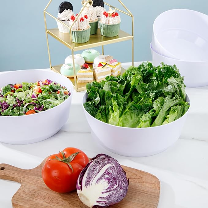 Hioasis 8 Pack Plastic Serving Bowls 128oz White Plastic Bowls Heavy Duty Disposable Serving Bowls for Party Snack & Salad & Candy & Bar Buffet