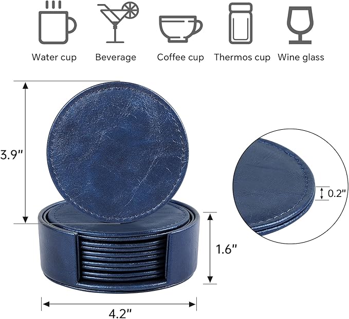 6 Pcs Premium Leather Coasters with Holder, Tabletop Protection, Coffee Table & Bar Decoration, Modern-Style Drink Coasters Suitable for Home Dining Tables & Kitchen Accessories (Blue)