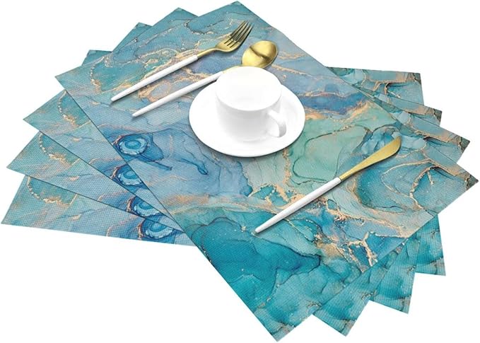 Teal Marble Placemats Set of 4 Turquoise Blue Gold Natural Luxury Abstract Fluid Wipeable Table Mats Reusable Washable PVC Rectangle Place Mats for Kitchen Dining Home Decor 12x18 Inches
