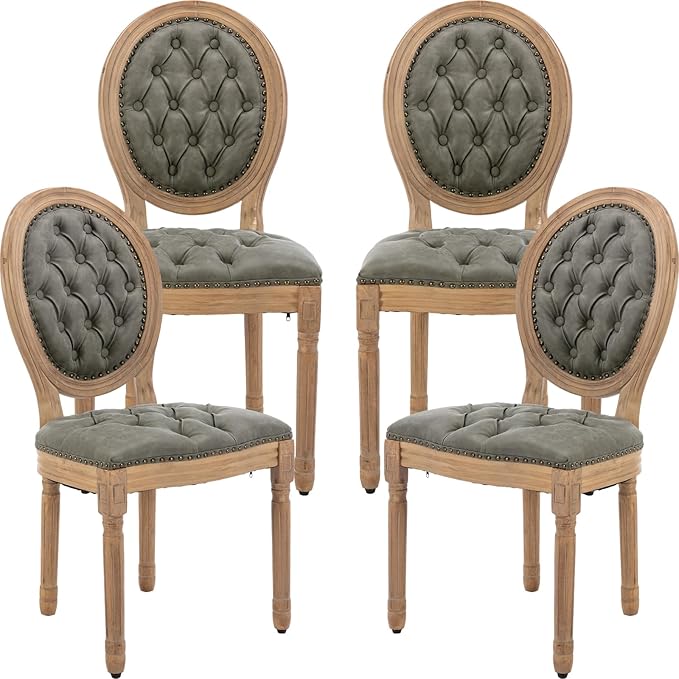 Vintage French Dining Chairs Set of 4, Round Back PU Leather Upholstered Side Chairs with Nailhead Trim and Solid Wood Frame, Sillas de Comedor for Dining Room & Kitchen, Olive Green