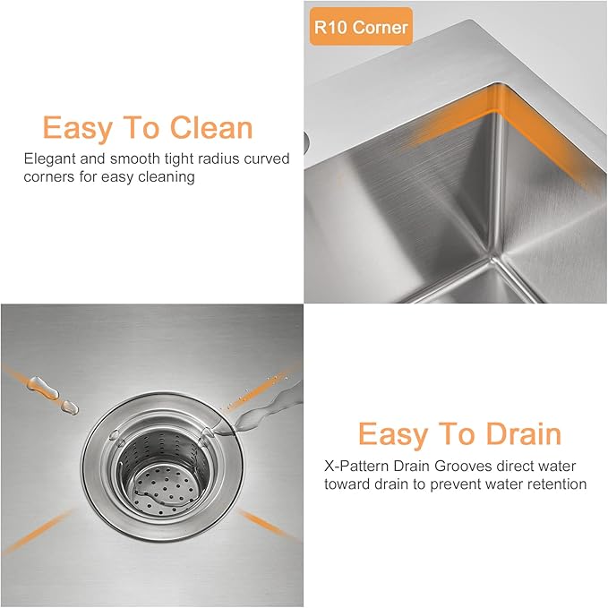 ROVATE 15 x 17 x 8 inch Drop in Bar or Kitchen Sink Single Bowl, Small Kitchen Sink Topmount, 304 Stainless Steel Bar Sinks Overmount Handmade with Basket Strainer