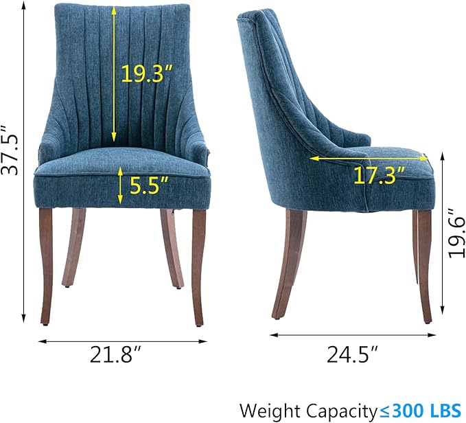mikibama Linen Dining Chairs Set of 2 Channel Tufted Kitchen Dinner Chair Comfy Fabric Upholstered Accent Chair for Dining Room with Solid Wood Legs (Blue)