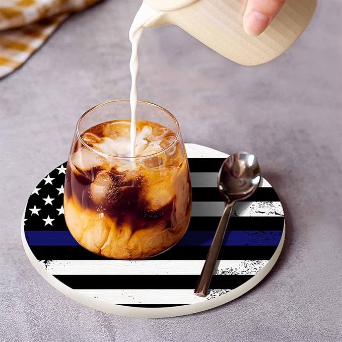 American Flag Coaster Thin Blue Line Support Nation Patriotic Symbol Tabletop Protection for Any Table Type Wood, Granite, Glass, Soapstone, Sandstone, Marble, Stone Tables