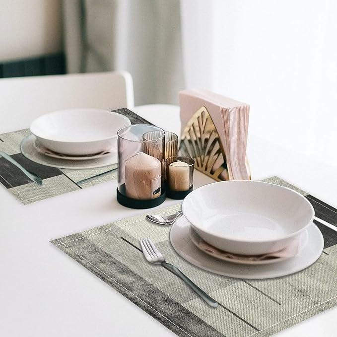Gradient Placemat Set, Modern Minimal Black White Grey Abstract Geometric Shape Line Patchwork Pattern Home Decor Linen Table Mats for Dining Room Kitchen Party (17x12in) x6P