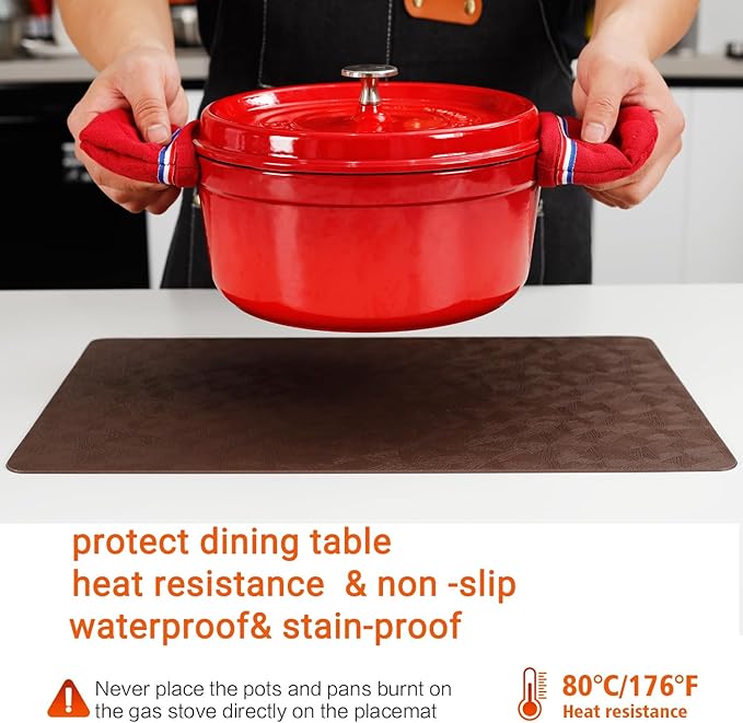 Vinyl Placemats Set of 8 Heat Resistant Easy Clean Non-Slip Place Mats for Dining Table Faux Leather Waterproof Stain Resistant Wipeable Washable PVC Table Mats(8, Brown)