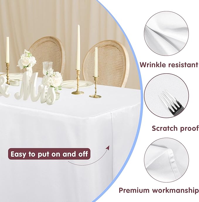 HolidayIdeas Fitted White Table Clothes - 72 x 30 Inch - 4 Pack Rectangle Table Covers for 6 Foot Tables, Polyester Fabric Tablecloths for Parties, Holiday Dinner, Wedding, Trade Show