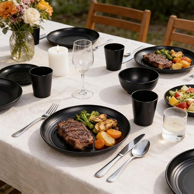 Supernal Wheat Straw Dinnerware Sets,Plates and Bowls Set, Dish Sets for 8, Unbreakable Plate for 8 Dishwasher Safe,Reusable Dinnerware Black-16pcs Plates, 8pcs Bowls, 8pcs Cups.
