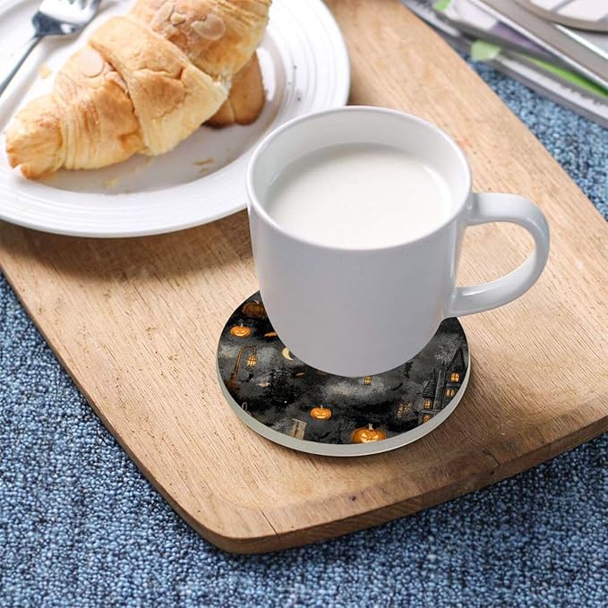 Coasters for Drinks Coaster Drink Set Decorative Coffee Table Desk Cup Mat Spring Cute Cork Bar Backing Round Home Decor Grey Pumpkin and Castle Halloween43