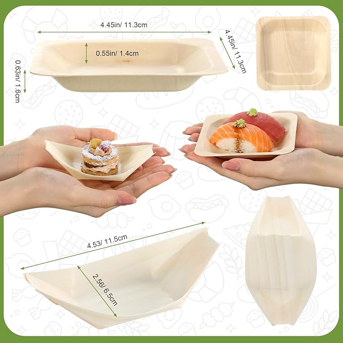LemonRoad 600 Pcs Disposable Bamboo Appetizer Plates 4" Included 300 Mini Wood Boat Plates Dishes and 300 Small Square Palm Leaf Bowls Sushi Dish Serving Tray Food Container for Catering Home Wedding