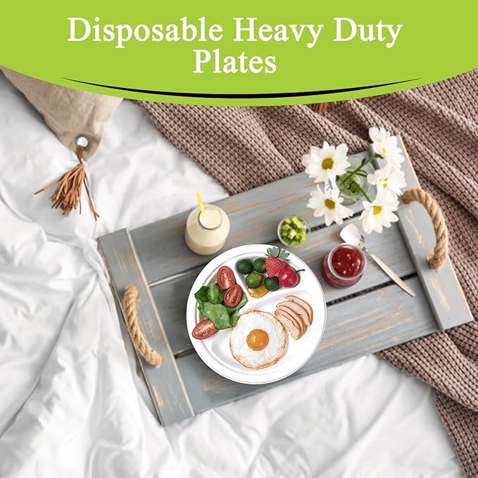 three leaf 9" 3 COMPARTMENT BAGASSE ROUND PLATE, 18,000 Ct. (36 cases x 500 plates) Heavy-Duty- Super Strong- Natural- Eco-Friendly Disposable Bagasse Plates