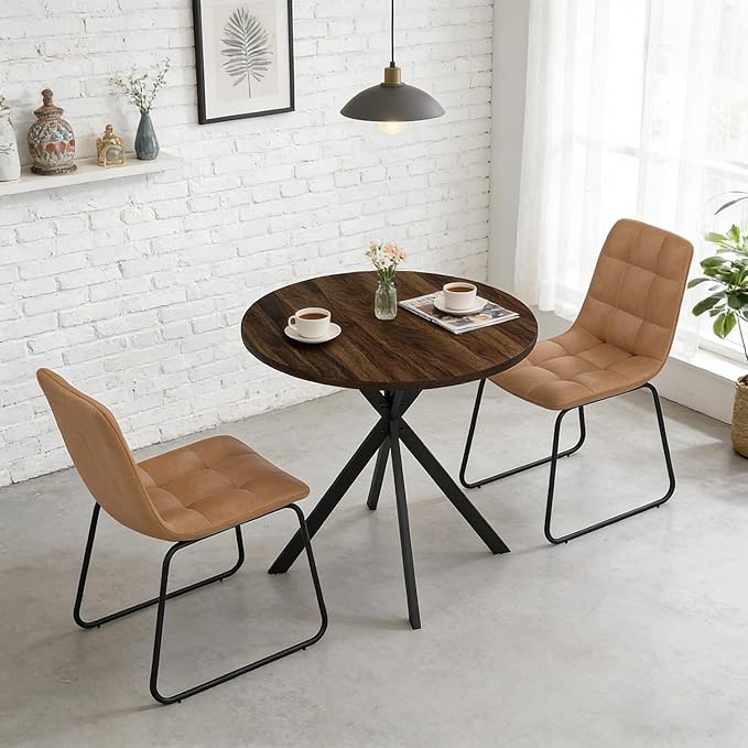 31.5" Round Dining Table Chairs Set for 2, Small Dining Table Chairs Set Space-Saving, Small Dinette Sets for 2 for Kitchen Dining Room Apartment(Walnut Table + Brown Chairs)