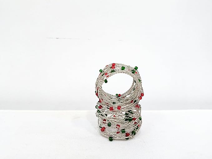 Silver Red Green Beaded Napkin Ring Set of 12 - Beautiful Elegant Decorative Napkin Holder for Christmas/Dinner Table Decoration/Farmhouse/Wedding/Party/Family Gathering/New Year & Everyday Use
