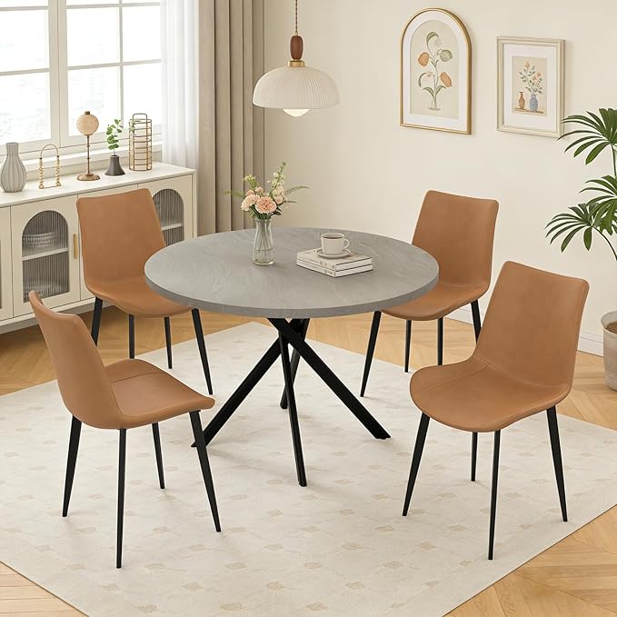 44" Round Dining Table with Chair Set for 4, Modern Mid-Century Dining Table Set of 4, Cozy Dinette Sets with Metal Leg for Kitchen Dining Room Apartment(Gray Table + Brown Chairs)