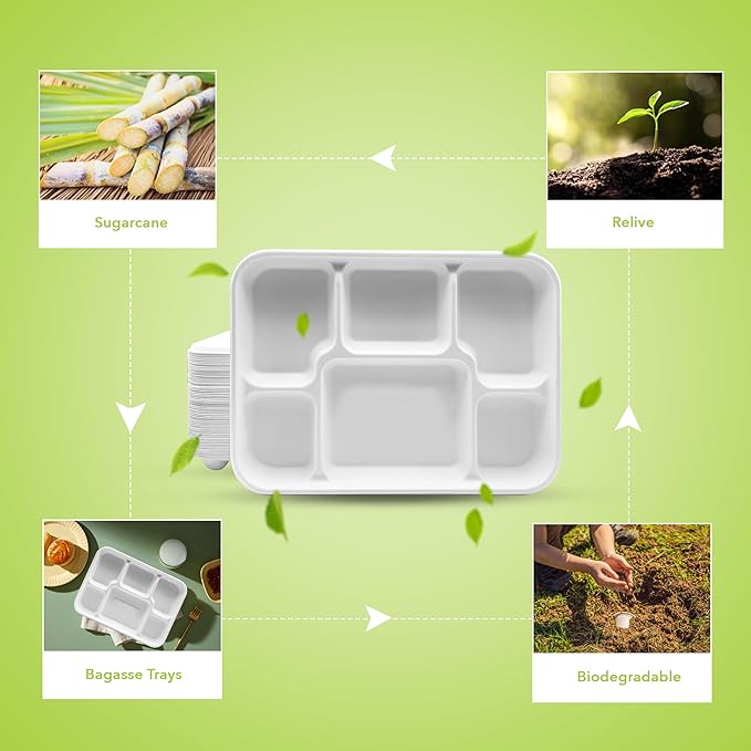 three leaf 6 Compartment Bagasse Tray 50 Ct. Heavy Duty, Super Strong,Eco Friendly Disposable Bagasse Plates,100% Biodegradable Plates, Microwave and Freezer Safe, Ideal for Party, Dinner and Picnic