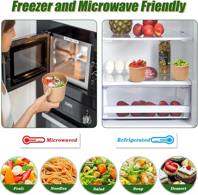 DI QIU REN 50 Pack 12oz Soup Containers with Vented Lids, Disposable Paper Soup Bowls Ice Cream Soup Cups, Microwavable and Freezer Safe for Hot Drinking, Food, Ice Cream (50 Pcs - Kraft, 12 oz)