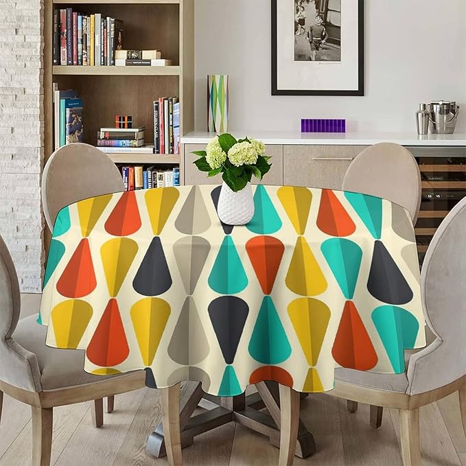 Vintage Bohemian Mid Century Round Tablecloth, Retro 50s 60s Geometric Pattern Print Tablecloth for Home Party Dining Room Kitchen Decor 50Inch(127cm)