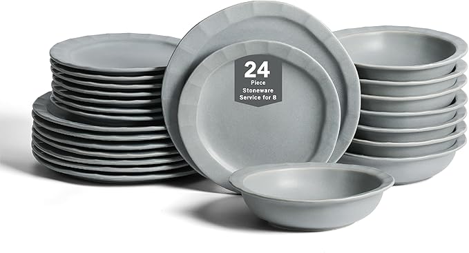 Stone Lain Oasis Stoneware 24 Piece Dinnerware Set, Home Kitchen Dish Set with Dinner Plates, Salad Plates & Bowls - Service for 8, Grey Blue