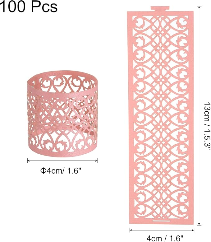 uxcell 100Pcs Napkin Rings Laser Cut Foil Paper, Napkin Holder Hollow Napkin Bands for Weddings Party Serviette Table Decoration Restaurant (Pink, 5.3 x 1.6)