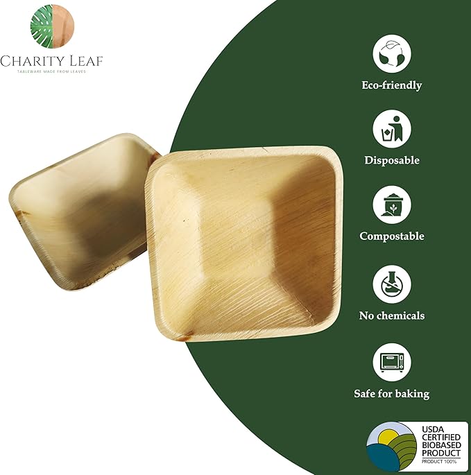 Charity Leaf Disposable Palm Leaf 5" Square Bowl (1000 pcs) Dipping Bowls | Bamboo Like| All Natural and Biodegradable | Charcuterie Boards, BBQs, and Parties