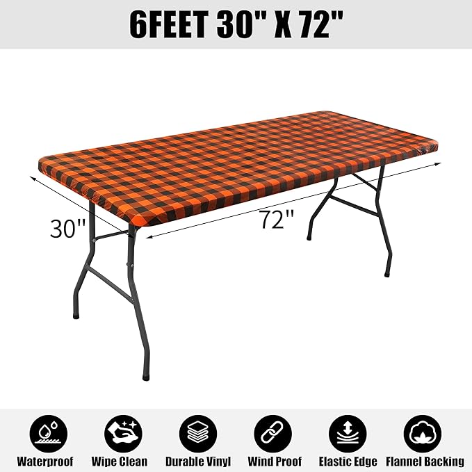 Smiry Rectangle Picnic Table Cloth, Elastic Waterproof Fitted Vinyl Tablecloths, Flannel Backed Buffalo Plaid Table Covers for Dining, Camping, Outdoor (Black and Orange, 30" x 72")