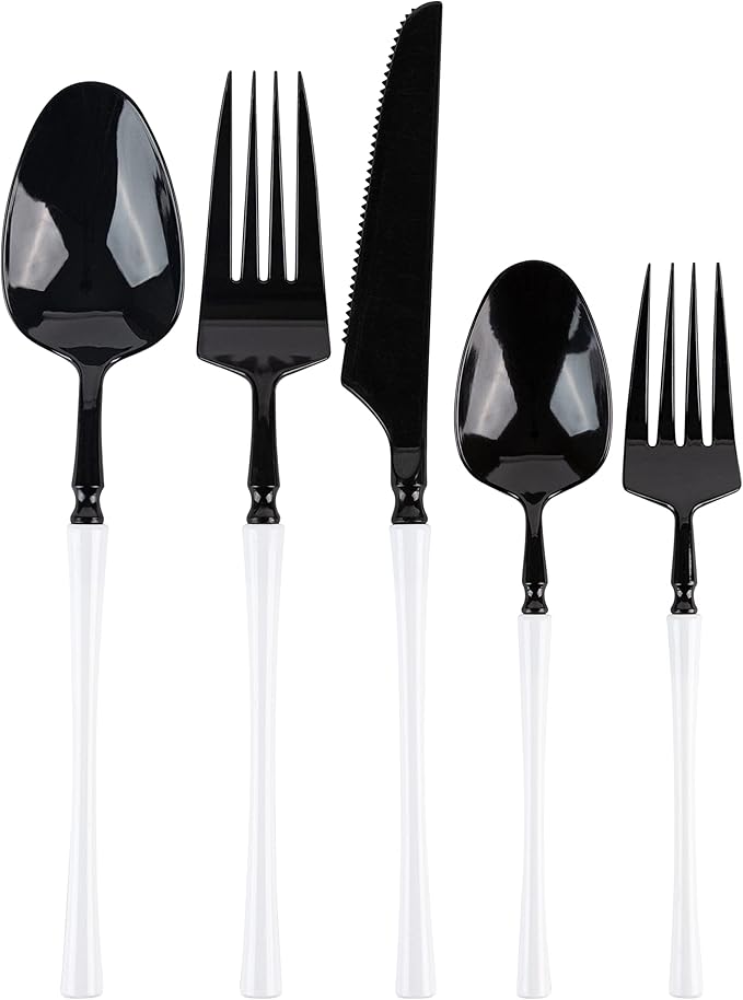 PlasticPro 20 Count Black and White Plastic Dinner Forks Premium Quality Heavy Duty Disposable Elegant Silverware Two Tone Dinner Forks for Party