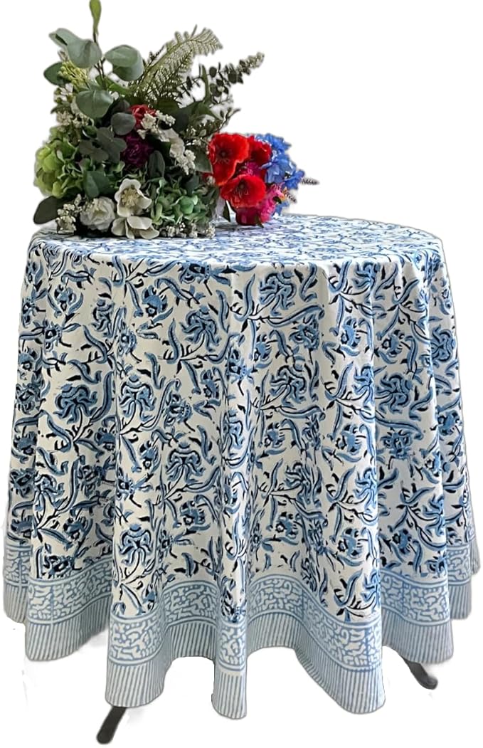 ATOSII Midnight Bloom 100% Cotton Round Tablecloth, Handblock Print Floral Table Cloth for Kitchen Dining Linen I Parties, Weddings, Outdoors, Spring Summer I 90" Inches Round
