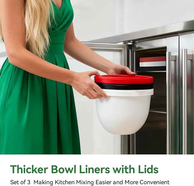 Silicone Liners for KitchenAid 5 Qt Tilt-Head Stand Mixer(Only), Odourless,Thicker, Cold/Heat-Resistant & Non-Stick, Easy Clean, Fits 5 Quart Mixing Bowl, Set of 3 with Lids
