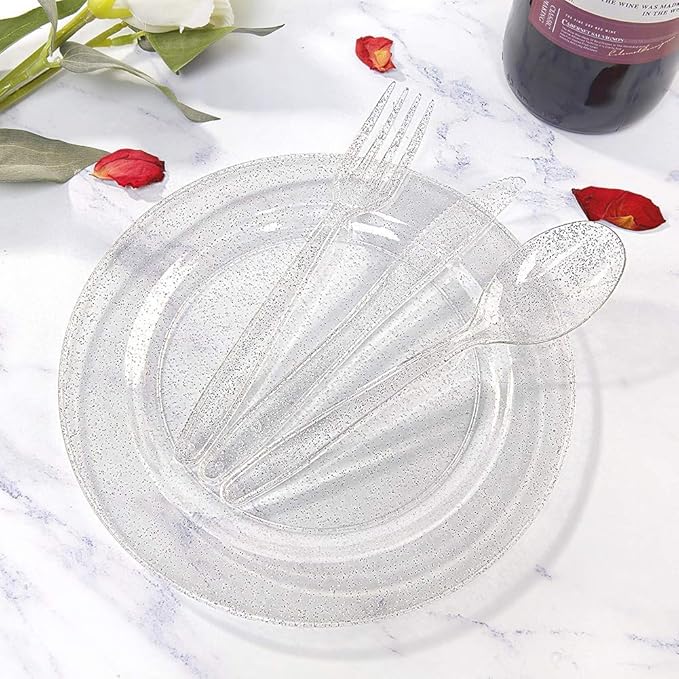 WDF 120PCS Silver Plastic Plates- Disposable Silver Glitter Plates, Premium Heavy Duty 60-10.25" Dinner Plates and 60-7.5" Salad Plates for Parties Wedding Valentine's Day