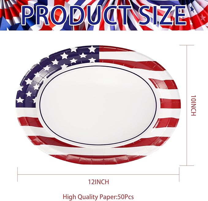 50Pcs Patriotic Oval Paper Plates 10" X 12" Large Heavy Duty American Flag Red Blue and White Plates 4th/Fourth of July Dessert Platters for President Election Memorial Independence Day Supplies