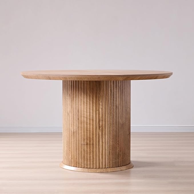 T4TREAM 47" Fluted Round Dining Table for 4-6, Mid-Century Modern Kitchen Table with Thickened Edge & Cylindrical Base for Dining Room, Kitchen, Living Room,Light Knotty Oak(Table Only)