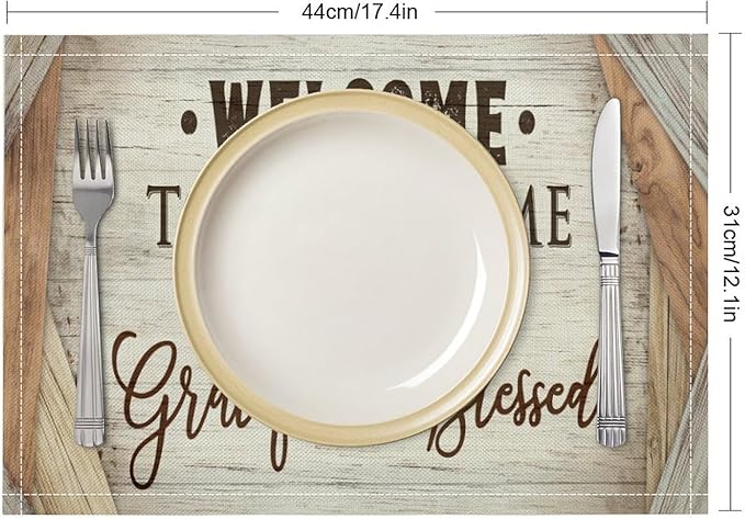 Vintage Farmhouse Placemat Set, Beige White Rustic Wooden Plank Patchwork Welcome Home Letter Inspirational Quotes Pattern Home Decor Linen Table Mats for Dining Room Kitchen Party (17x12in) x2P
