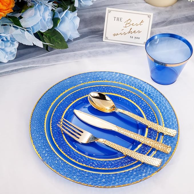 Nervure 150PCS Clear Blue Plastic Plates - Gold Party Plates - Blue and Gold Dinnerware Set Include: 50 Disposable Plate, 25Cups, 25Forks, 25Knives, 25Spoons for Wedding & Party & Hanukkah